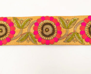 Orange Art Silk Lace Trim, Floral Embroidery in Green, Salmon and Fuchsia